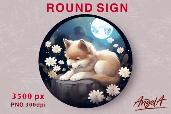 Animal Round Sublimation: Cute Dog & Floral Night Design