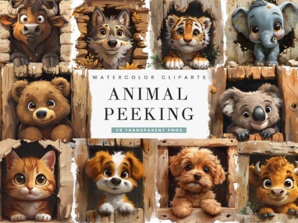 Charming Animal Peeking from Wooden Wall Clipart