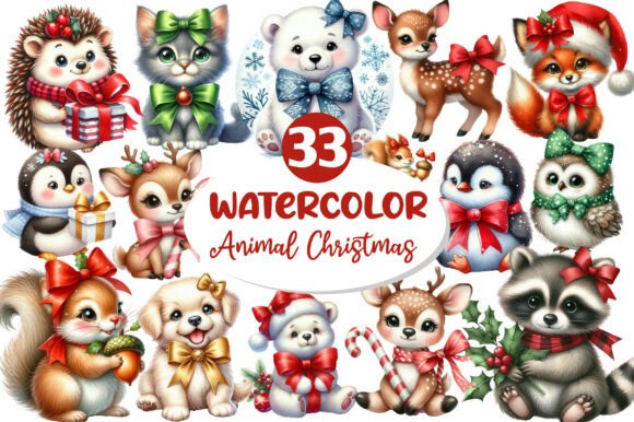 Cute Animal Christmas with Bow Clipart: A Festive Design Essential