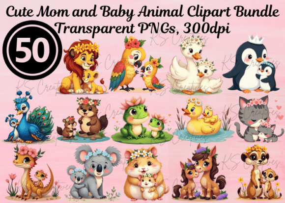 Cute Mom and Baby Animal Clipart Bundle: Your Go-To Design Asset