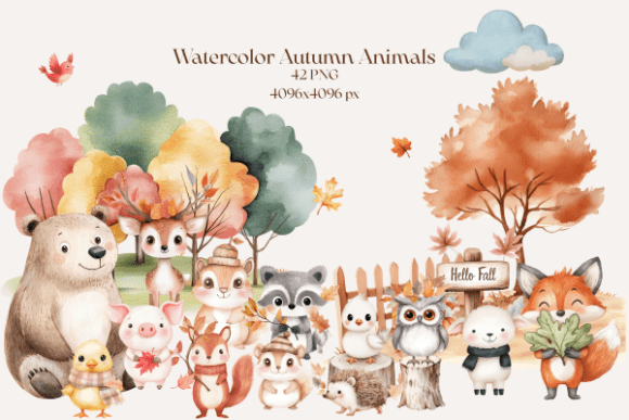 Embrace the Cozy Season with Watercolor Autumn Animal PNG
