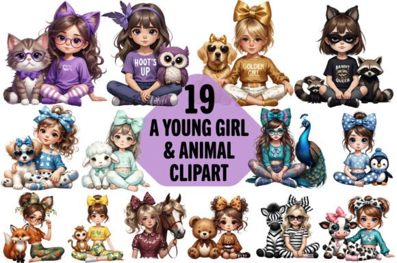 Whimsical Charm: The Girl and Animal Friends Clipart Set